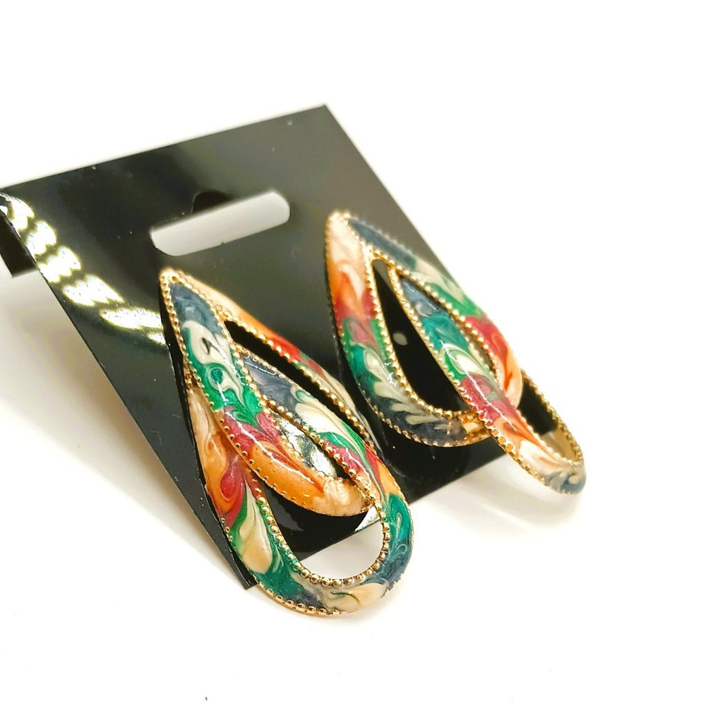 Multicolor Enamel Swirl Post Earrings Double Teardrop Gold Tone Trim Spring Boho